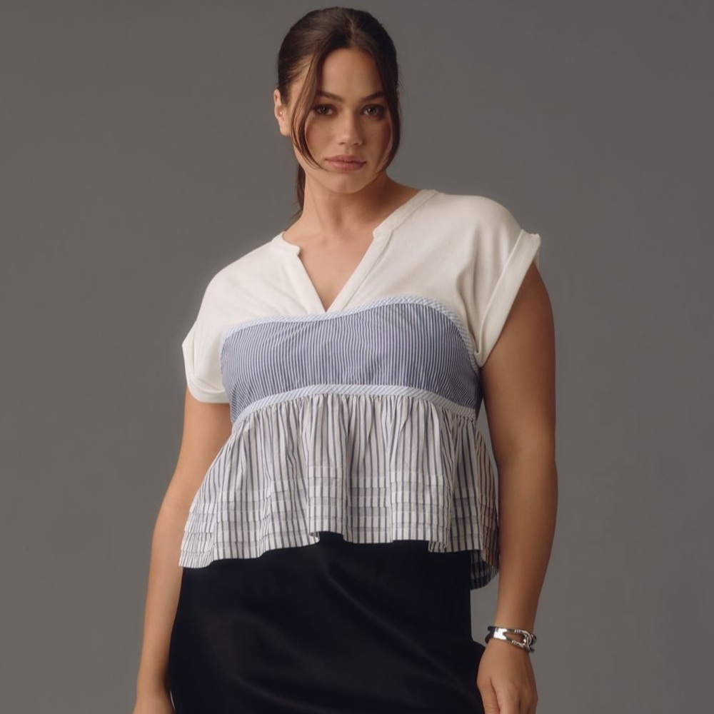 Anthropologie White and Blue Striped Peplum Jersey Top